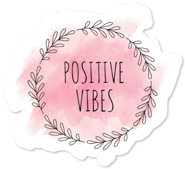 Pegatina con el texto Positive Vibes en estilo acuarela rosa